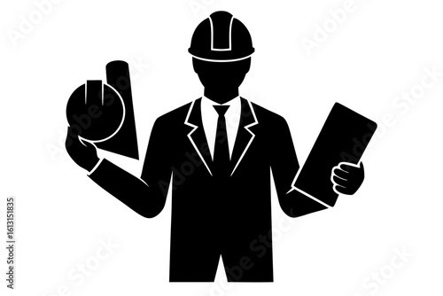 Engineer holding documents and helmet silhouette vector illustration