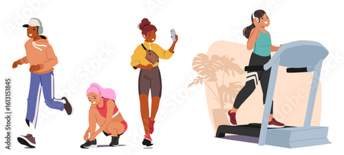 Teenage joggers cartoon young generation characters in headphones exercising indoors or outdoors
