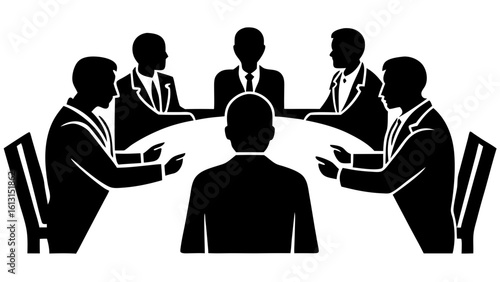 Businessmen sitting around table in meeting silhouette vector illustration