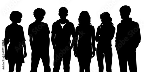 Group silhouette of six people standing together silhouette vector illustration