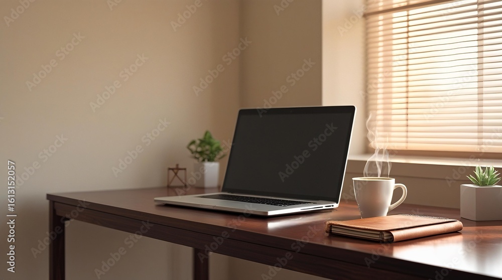 Obraz premium High-Resolution Photograph of Modern Office Workspace with Laptop, Coffee, and Notebook