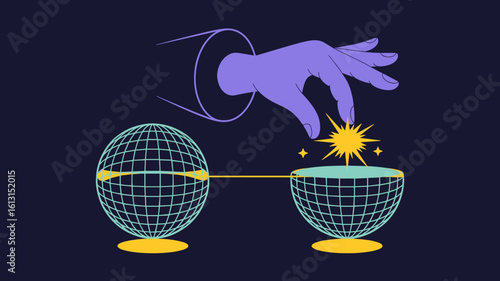 hand transferring a star between two wireframe spheres vector illustration, quantum entanglement, particle physics and the principles of quantum mechanics