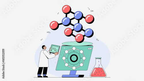 scientist analyzing a complex molecule structure on a computer vector illustration, quantum simulation for science, molecular modeling and chemistry research