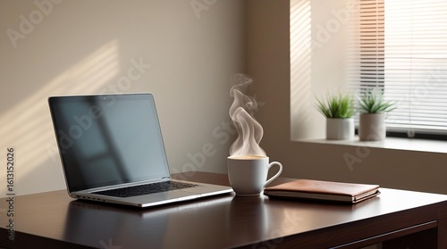 Wallpaper Mural High-Resolution Photograph of Modern Office Workspace with Laptop, Coffee, and Notebook Torontodigital.ca