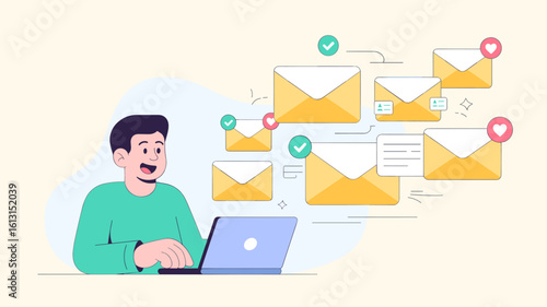 happy user receiving emails with positive feedback on laptop vector illustration, successful email marketing campaign