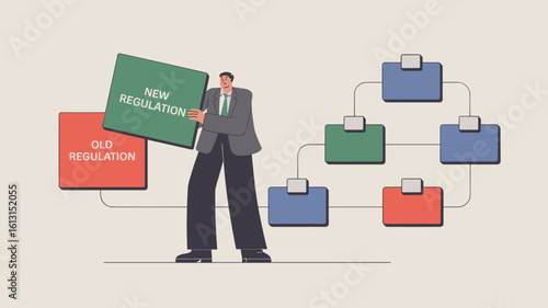 businessman replacing an old regulation block in a flowchart vector illustration, regulatory change management, compliance updates and new policy implementation