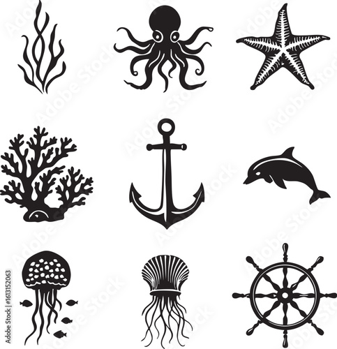 Black and White Ocean and Marine Life Icons - Seaweed, Octopus, Starfish, Anchor