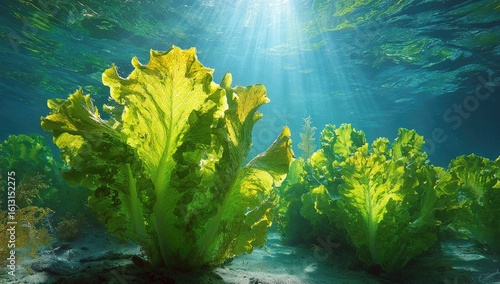 Underwater kelp forest, vibrant greens and yellows, sunbeams