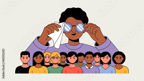 leader cleaning glasses to see a diverse team clearly vector illustration, removing unconscious bias