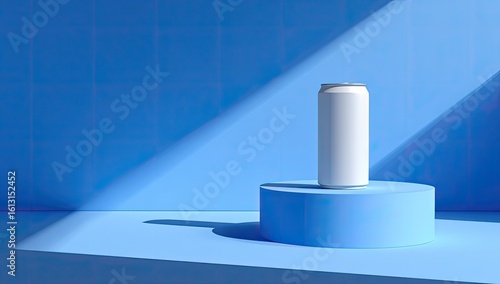 Blank aluminum can on light blue podium