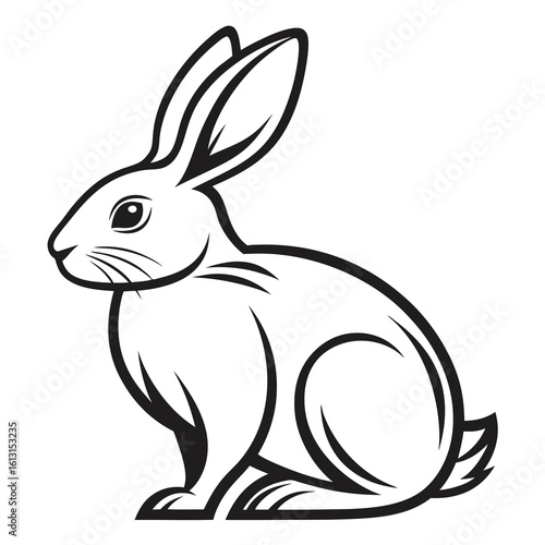 Black and white graphic illustration of a rabbit sitting bunny hare
