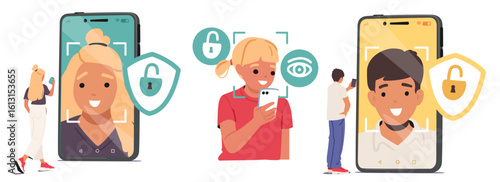 Children of different age using face scanner recognition mobile service looking at device screen set