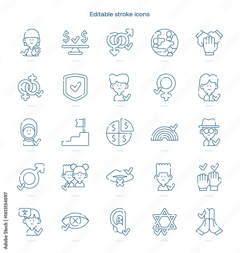Naklejka premium Diversity Inclusion stroke icon. Diversity Inclusion line icon set. editable stroke icon pack