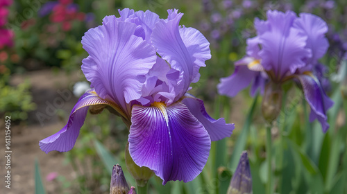 Vertical image of Florentine iris (Iris 'Florentina'), the source of the fragrance fixative orris root, in flower in a garden setting