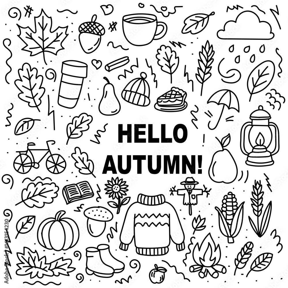custom made wallpaper toronto digitalAutumn season doodle illustration with sweater, pumpkin, leaves, fire, pie, and acorn, cozy fall collection with handwritten hello autumn text