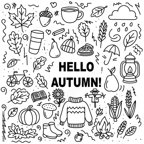 Autumn season doodle illustration with sweater, pumpkin, leaves, fire, pie, and acorn, cozy fall collection with handwritten hello autumn text