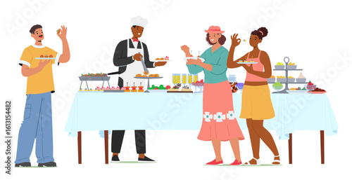 Happy guests enjoying professional catering service on weekend or holiday vacation isolated scene