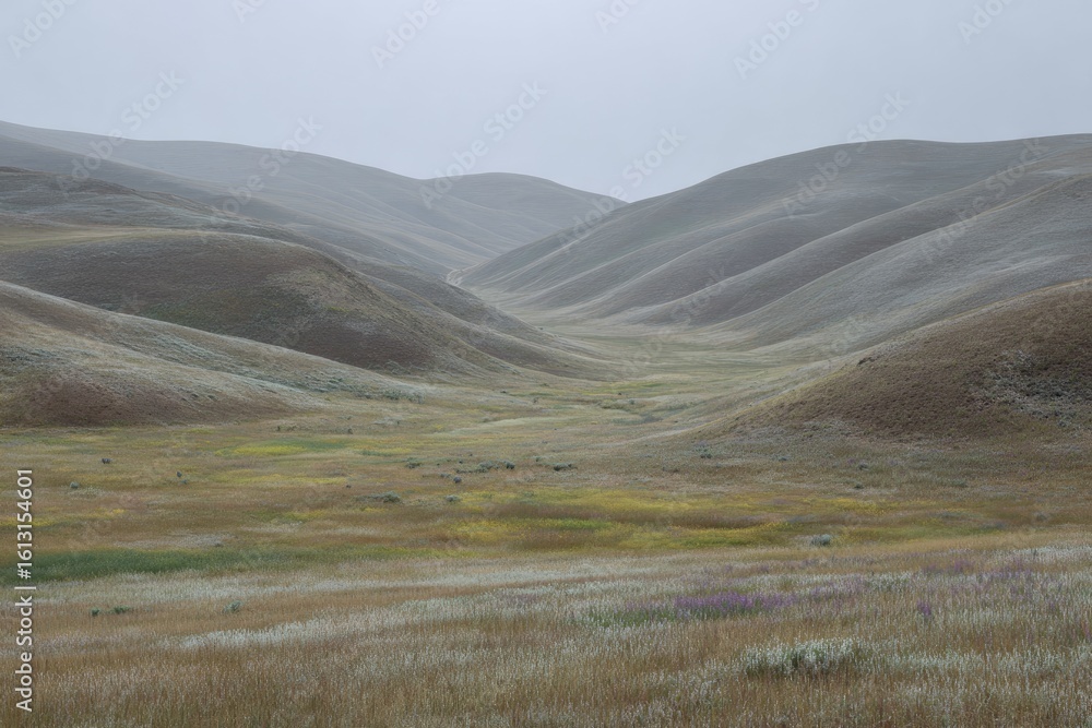 Obraz premium Misty valley with rolling hills and wildflowers