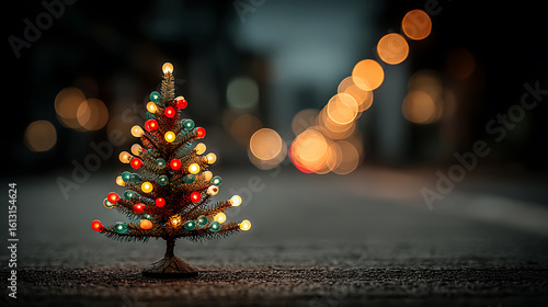 Fototapeta Naklejka Na Ścianę i Meble -  Christmas background a small christmas tree with bright lights on a dark, bokehfilled street