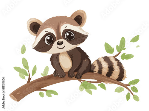 Cute raccoon sitting on a tree branch nature style isolated on transparent background, png