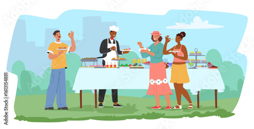 Professional catering service of outdoor buffet in public park cartoon scene with happy guests