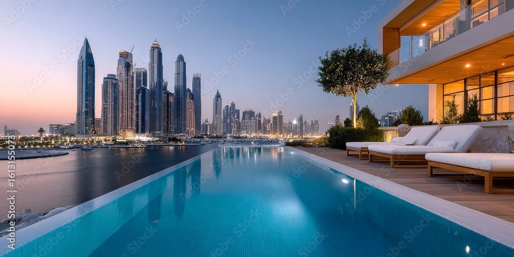 Obraz premium Stunning Dubai Luxury Villa Poolside with Sunbeds Overlooking Scenic Skyscraper Coastal Skyline