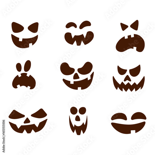 A set of creepy and funny Halloween face silhouettes perfect for jack o lantern carving templates, Halloween decorations, stickers and party designs.