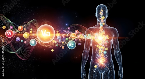 An abstract animation of stylized nutrients nourishing a conceptual human silhouette.