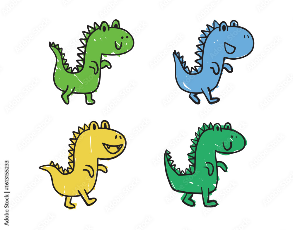 Obraz premium Funny green doodle hand drawn cartoon cute dinosaur set. Baby art, dinosaur with smile character