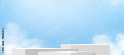 Blue sky background with 3d white podium platfrom for product display,Summer sky with abstract mock up stand for cosmetic banner,Vector horizon nature clouds and spring sky