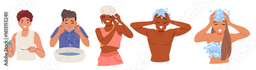 Happy teenagers cartoon characters bushing teeth, washing face and taking shower isolated set