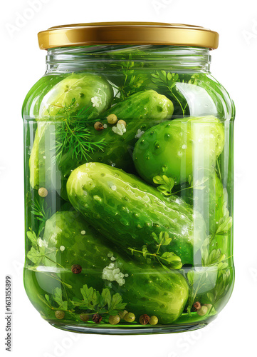 Pickling cucumbers in glass jar kitchen food fresh ingredients isolated on transparent background, png