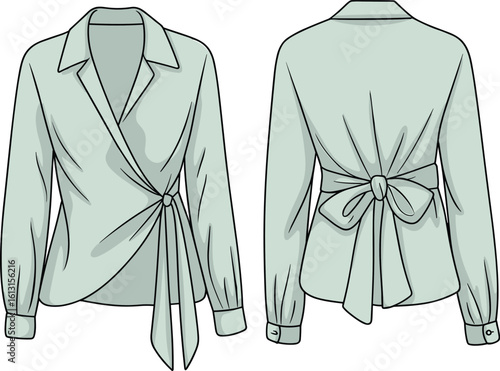 Women's Fashionable Light Green Wrap Blouse with Tie-Front and Back Bow Detail, Elegant Long Sleeve Top for Casual or Professional Wear