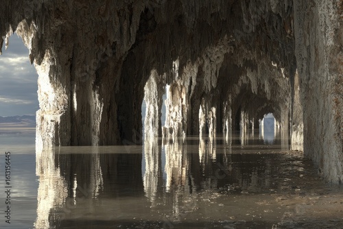 Salt cave, reflecting water, sunlight, dramatic pillars