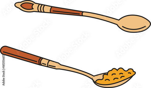 Two spoons, one is empty, the other is filled with yellow granular contents.