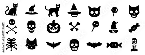 Halloween icons with cats, candies and skeletons. Filled vectors with cute and creepy faces