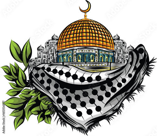 Illustration of the Dome of the Rock in Jerusalem, draped with a keffiyeh and adorned with foliage.