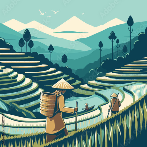 Asian farmers work terraced rice paddies in a scenic mountain landscape.