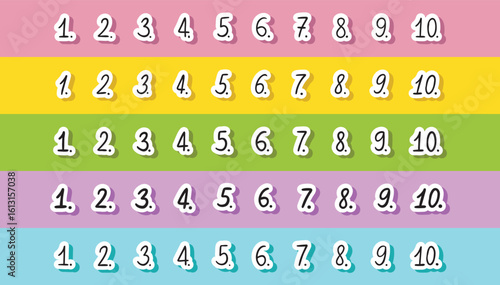 Colorful doodle number stickers checklist numbering. Cute list hand written numbers with dots. numbers font set isolated on white background.