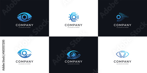 Eye tech logo design collection, cyber symbol. lens aperture positions. Retina scan eye icons , Simple, science, silhouette, vector template