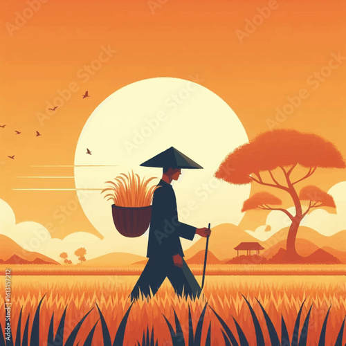 A farmer walks through a rice field, carrying a basket, at sunset.