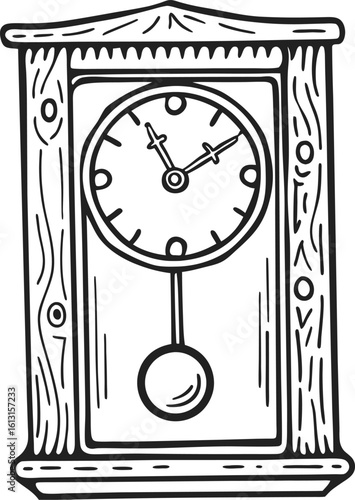 Antique wall pendulum clock illustration vintage wooden timepiece, traditional design, simple hand drawn outline art