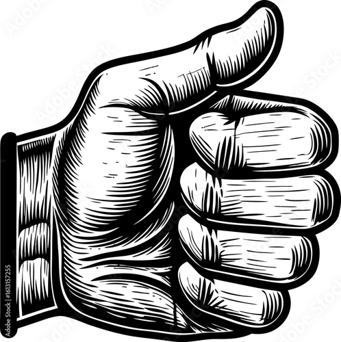 Thumbs up hand gesture vintage black and white engraved illustration showing approval, agreement or positive encouragement sign