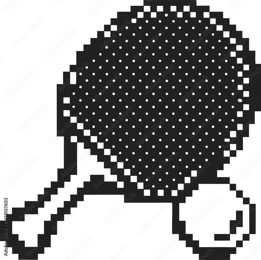 Fototapeta premium Pixel art table tennis paddle and ball in black and white retro 8 bit gaming style, simple sports icon illustration