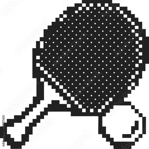 Pixel art table tennis paddle and ball in black and white retro 8 bit gaming style, simple sports icon illustration