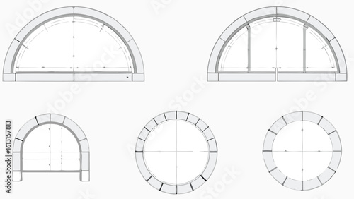 Technical drawing depicting various archway designs and structural components in a blueprint style layout