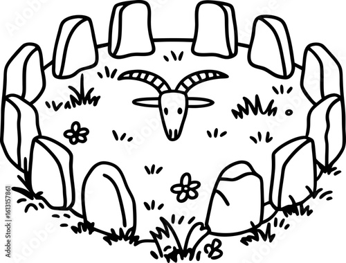 Ancient stone circle with animal skull centerpiece, symbolic ritual site, archaeological ruins, mysterious prehistoric monument