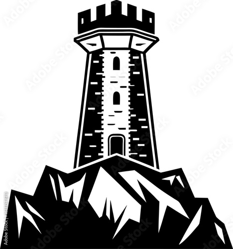 Medieval stone watchtower on rocky mountain peak silhouette fortress defense tower, security protection, castle lookout concept