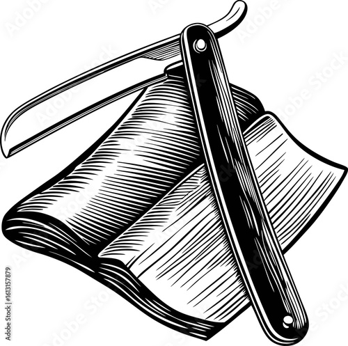 Classic straight razor with sharpening strop vintage grooming tool illustration for barber, shaving, retro style, hair care concept