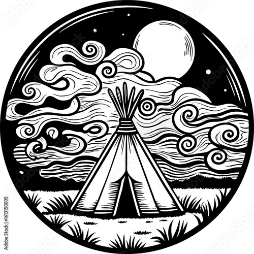 Teepee under moonlit sky with swirling clouds night campsite, grassy landscape, indigenous nomadic shelter illustration